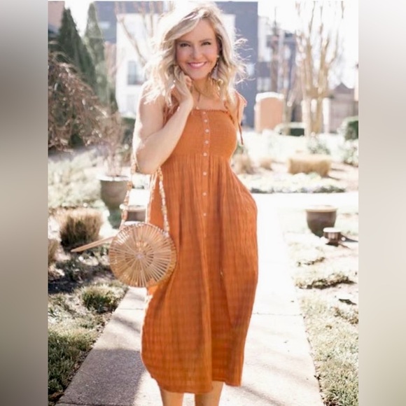 Aerie Rust Orange Smocked Button Front Tie Up Straps Midi Sun Dress Size Medium - Picture 4 of 9